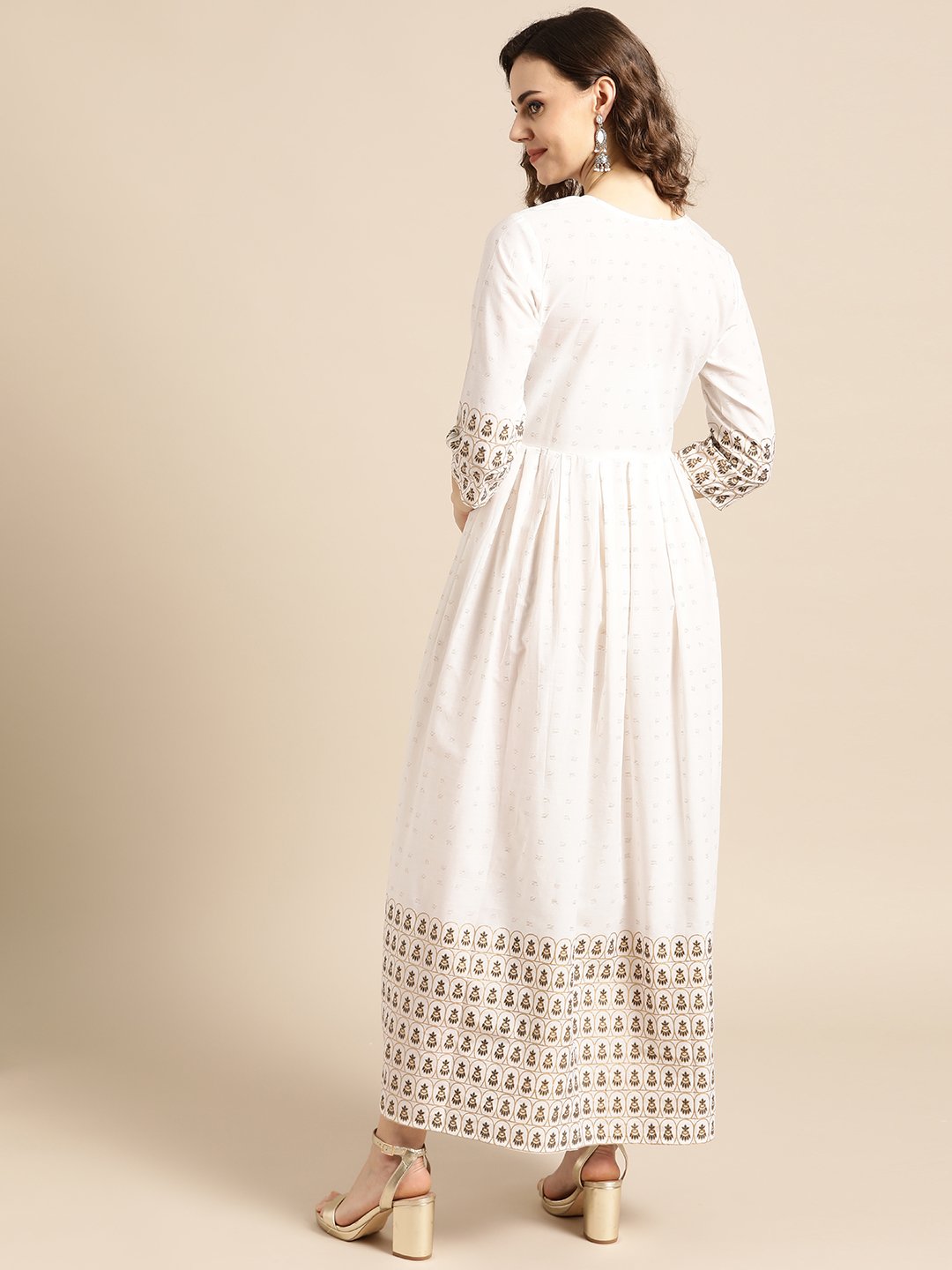 Women's Nayo White Ethnic Motifs Printed Round Neck Cotton A-Line Dress