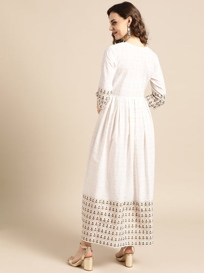 Women's Nayo White Ethnic Motifs Printed Round Neck Cotton A-Line Dress