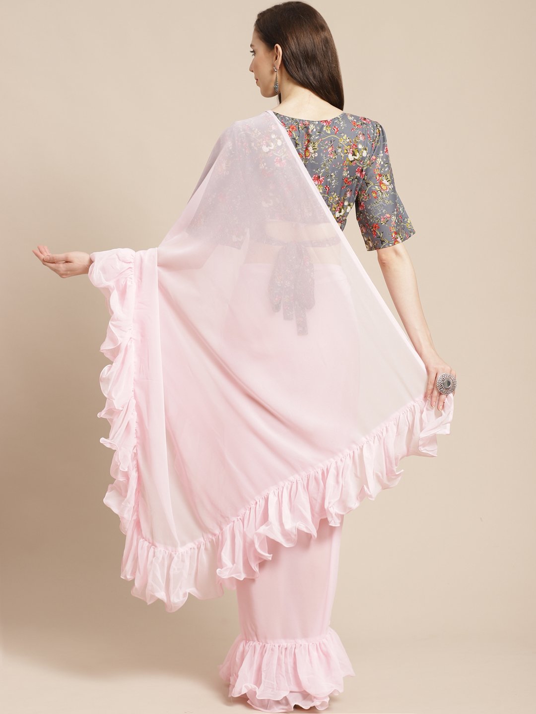 Women's Pink Ruffle Saree With Semi Stiched Blouse