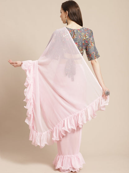 Women's Pink Ruffle Saree With Semi Stiched Blouse