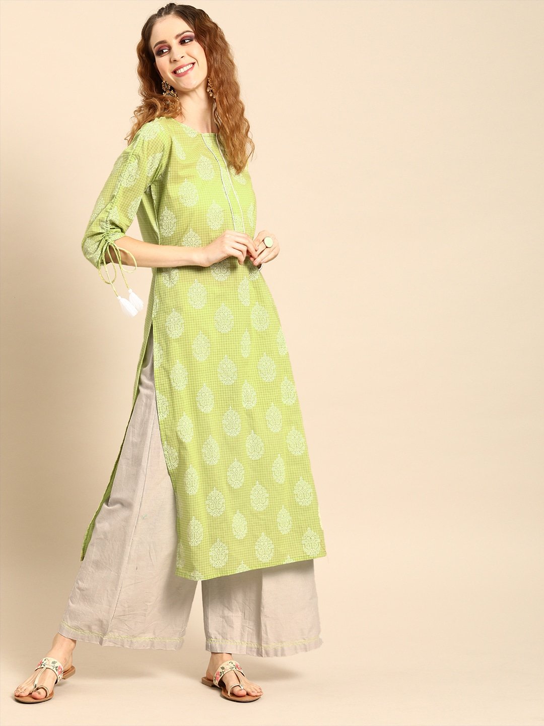 Women's Pistachio Green Calf Length Three-Quarter Sleeves Straight Ethnic Motifs Printed Cotton Kurta