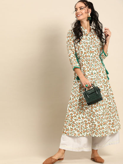 Women's Nayo Off White Calf Length Three-Quarter Sleeves A-Line Floral Printed Cotton Kurta