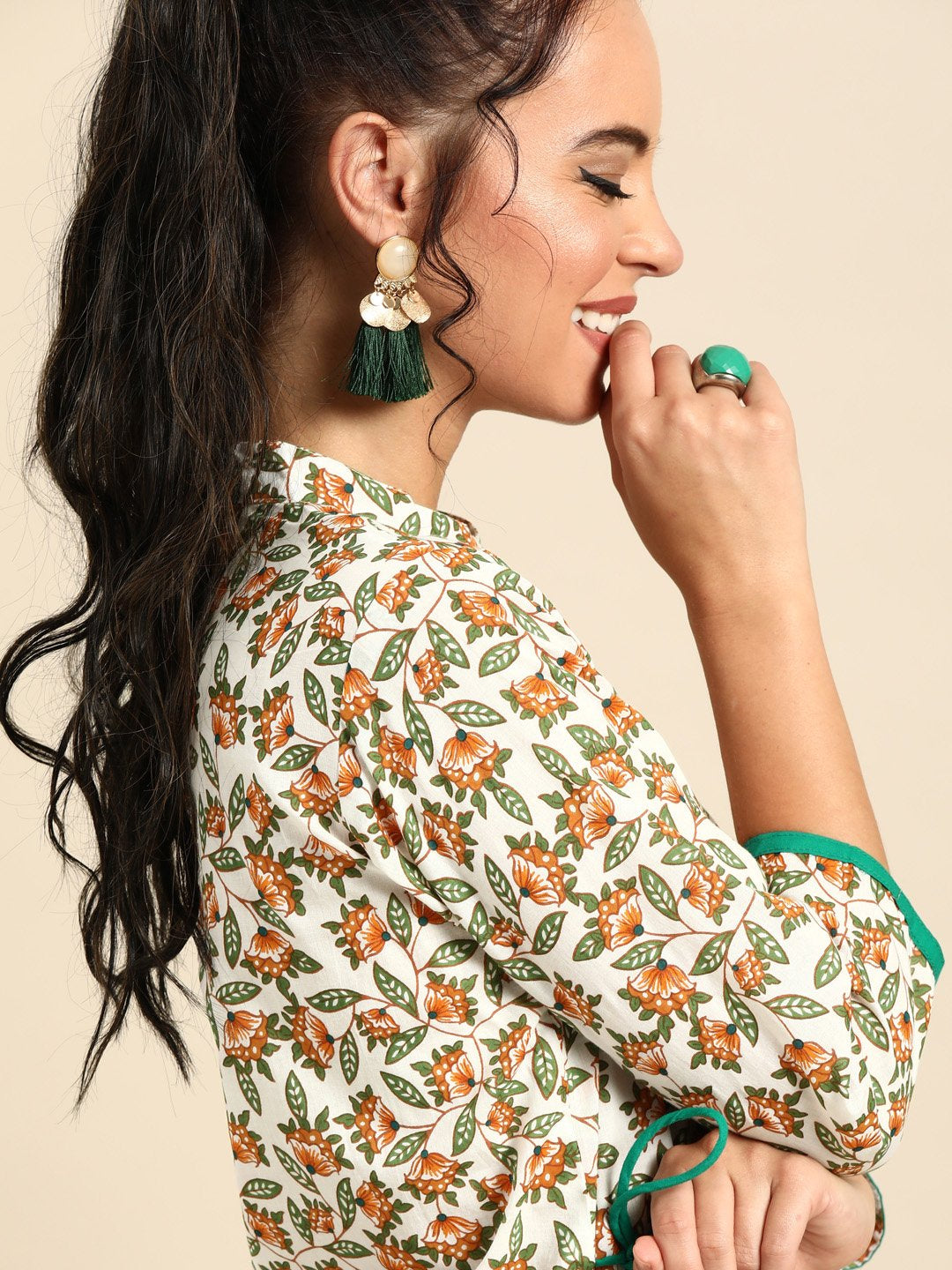 Women's Nayo Off White Calf Length Three-Quarter Sleeves A-Line Floral Printed Cotton Kurta
