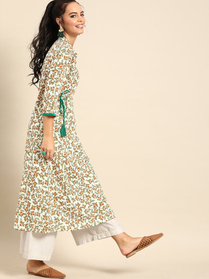 Women's Nayo Off White Calf Length Three-Quarter Sleeves A-Line Floral Printed Cotton Kurta