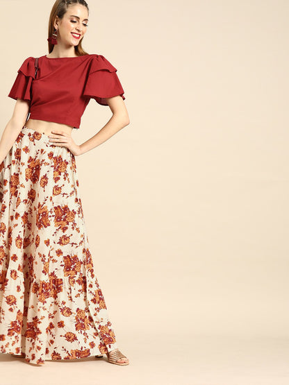 Women's Nayo Off-White Cotton Boat Neck Top With Skirt Clothing Set