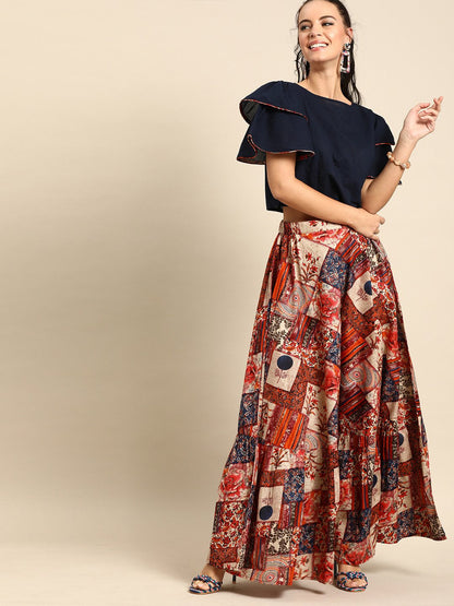 Women's Nayo Navy Blue Cotton Boat Neck Top With Skirt Clothing Set