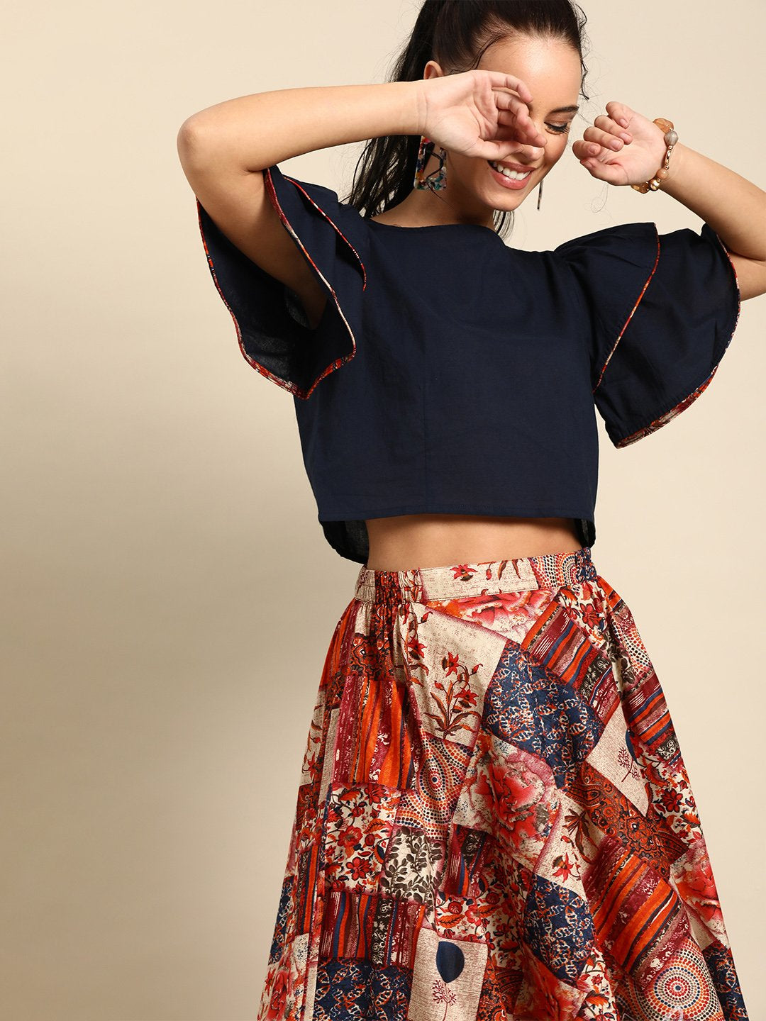 Women's Nayo Navy Blue Cotton Boat Neck Top With Skirt Clothing Set