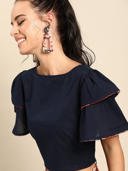 Women's Nayo Navy Blue Cotton Boat Neck Top With Skirt Clothing Set