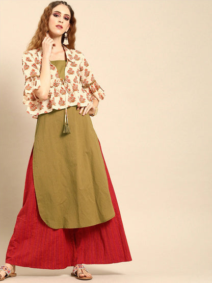 Women's Olive Green  Calf Length Three-Quarter Sleeves Straight Floral Printed Cotton Kurta With Jacket