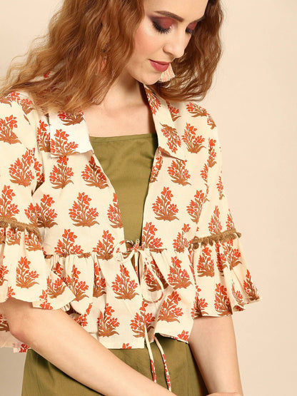 Women's Olive Green  Calf Length Three-Quarter Sleeves Straight Floral Printed Cotton Kurta With Jacket