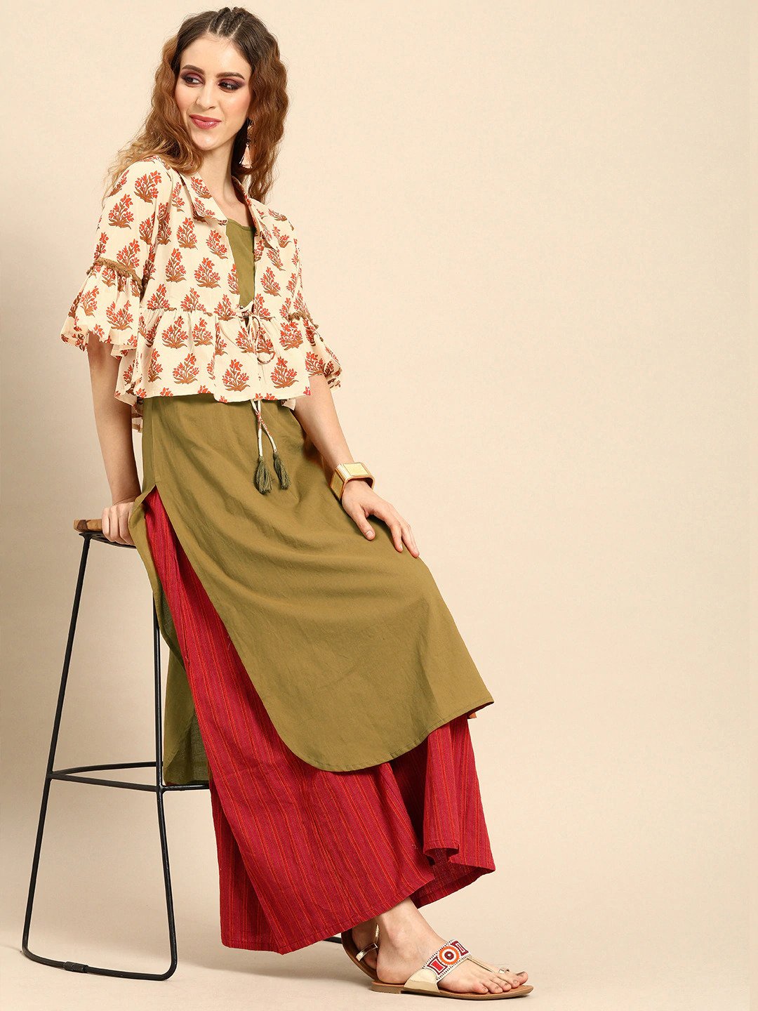 Women's Olive Green  Calf Length Three-Quarter Sleeves Straight Floral Printed Cotton Kurta With Jacket