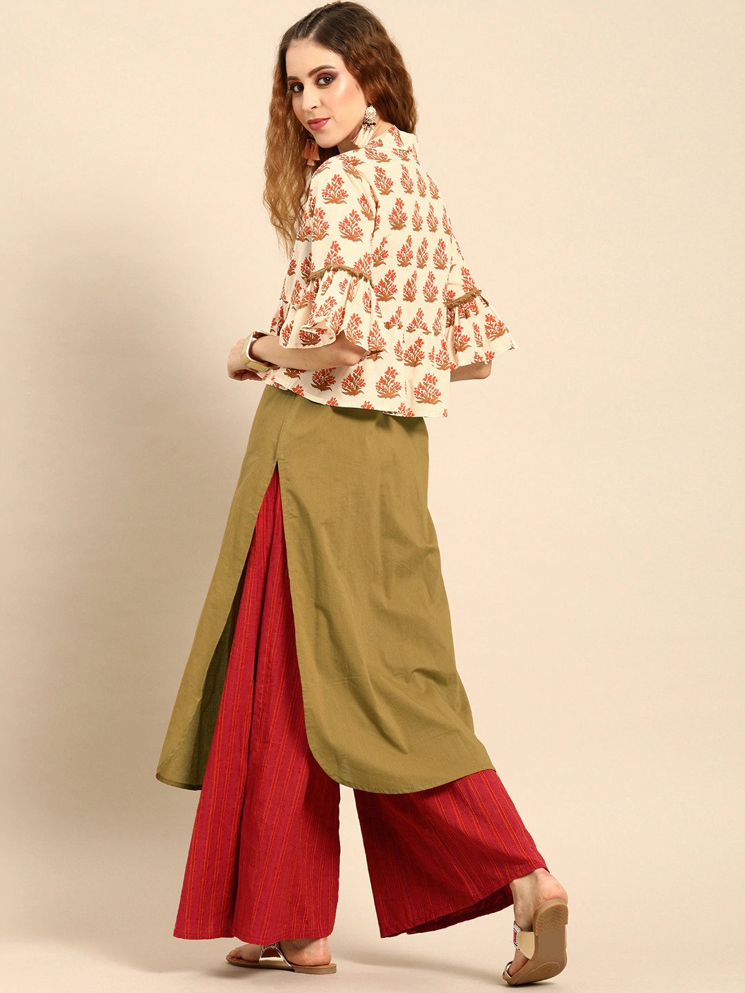 Women's Olive Green  Calf Length Three-Quarter Sleeves Straight Floral Printed Cotton Kurta With Jacket