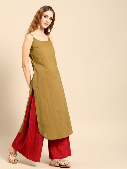 Women's Olive Green  Calf Length Three-Quarter Sleeves Straight Floral Printed Cotton Kurta With Jacket