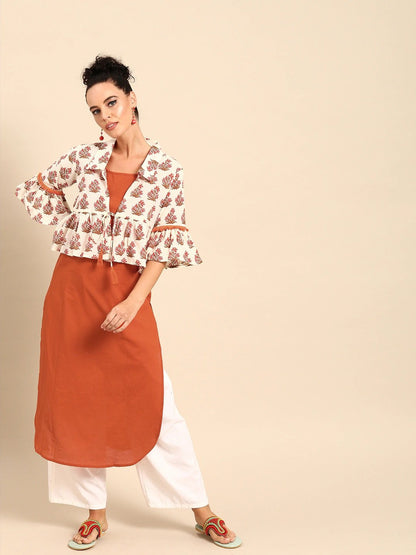 Women's Rust Orange  Calf Length Three-Quarter Sleeves Straight Floral Printed Cotton Kurta With Jacket