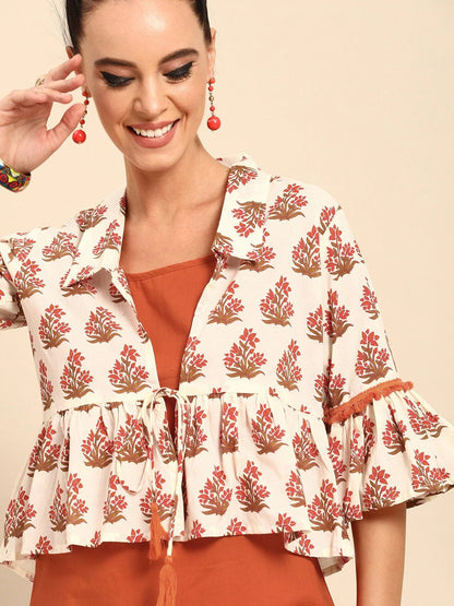 Women's Rust Orange  Calf Length Three-Quarter Sleeves Straight Floral Printed Cotton Kurta With Jacket