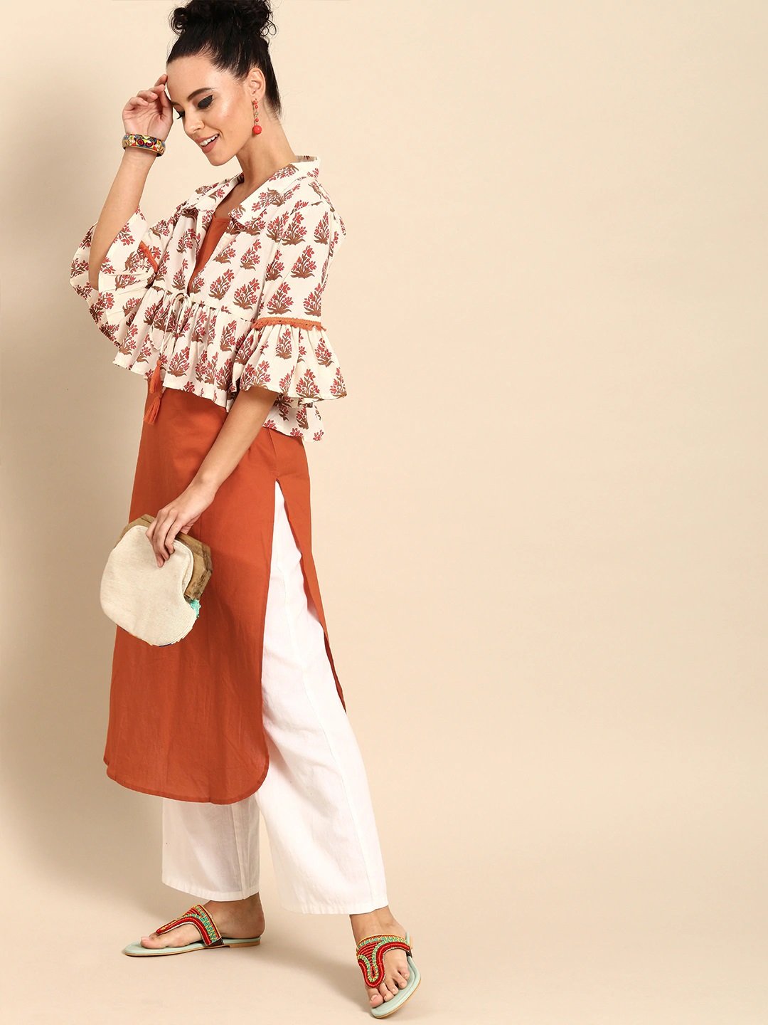 Women's Rust Orange  Calf Length Three-Quarter Sleeves Straight Floral Printed Cotton Kurta With Jacket