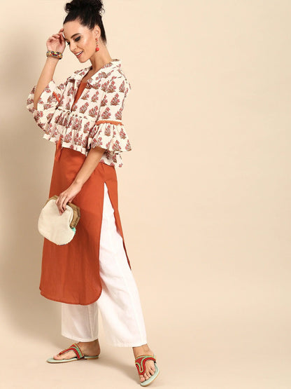 Women's Rust Orange  Calf Length Three-Quarter Sleeves Straight Floral Printed Cotton Kurta With Jacket