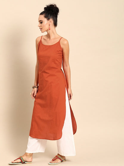 Women's Rust Orange  Calf Length Three-Quarter Sleeves Straight Floral Printed Cotton Kurta With Jacket