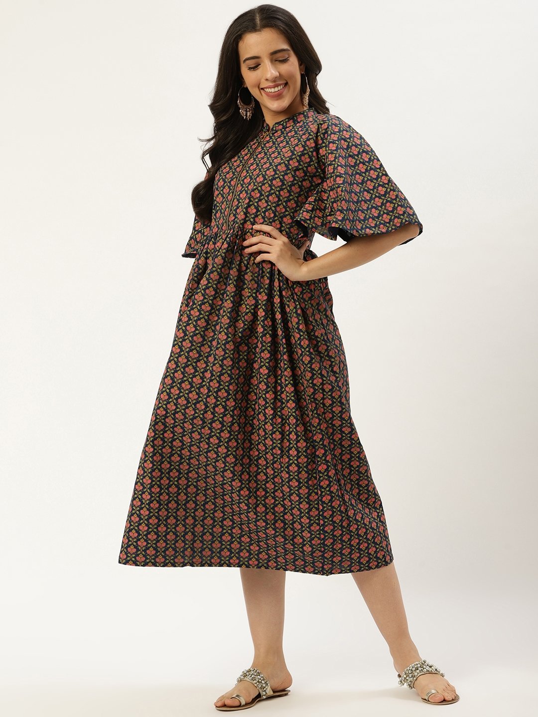 Women's Blue Floral Printed Mandarin Collar Cotton Fit And Flare Dress