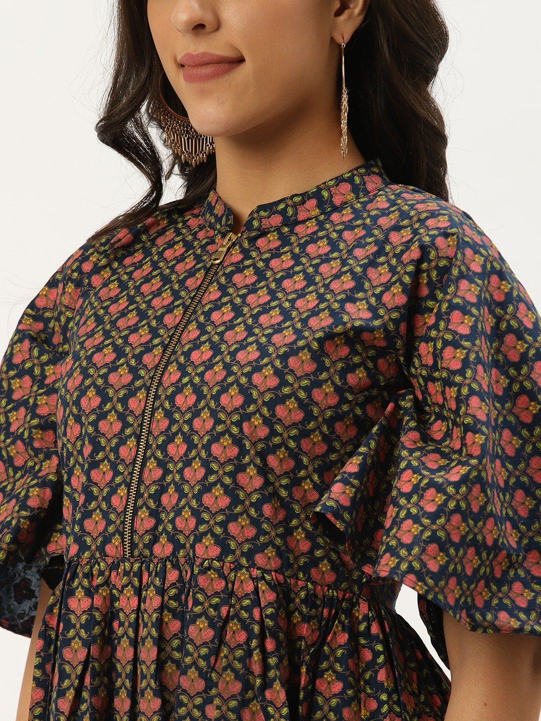 Women's Blue Floral Printed Mandarin Collar Cotton Fit And Flare Dress