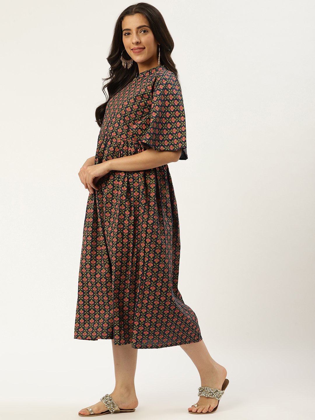 Women's Blue Floral Printed Mandarin Collar Cotton Fit And Flare Dress