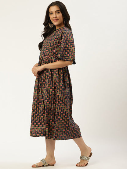 Women's Blue Floral Printed Mandarin Collar Cotton Fit And Flare Dress