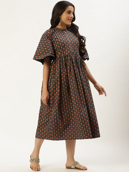 Women's Blue Floral Printed Mandarin Collar Cotton Fit And Flare Dress
