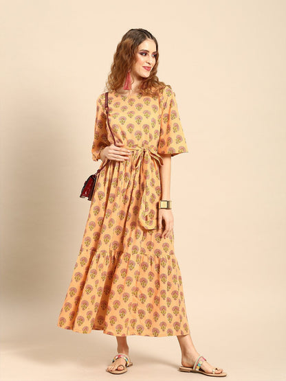 Women's Nayo Peach-Coloured Printed Fit And Flare Dress