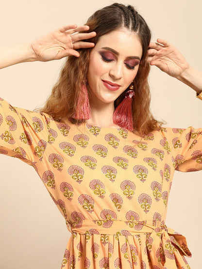 Women's Nayo Peach-Coloured Printed Fit And Flare Dress