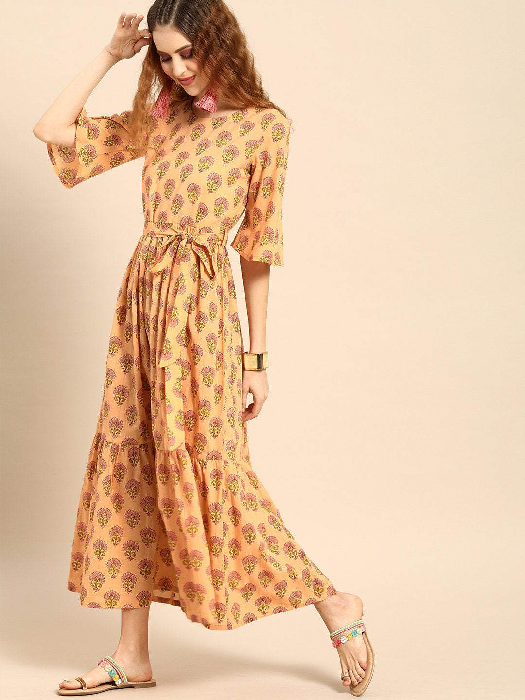Women's Nayo Peach-Coloured Printed Fit And Flare Dress