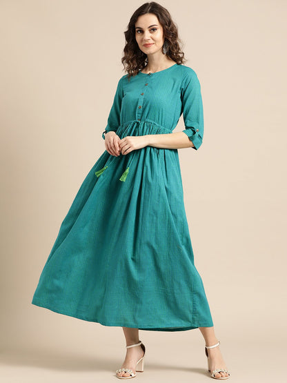 Women's Nayo Green Polka Dots Self Design Round Neck Cotton Fit And Flare Dress