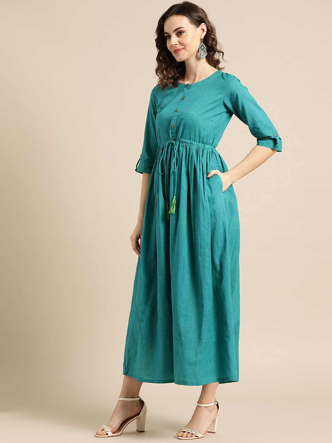 Women's Nayo Green Polka Dots Self Design Round Neck Cotton Fit And Flare Dress