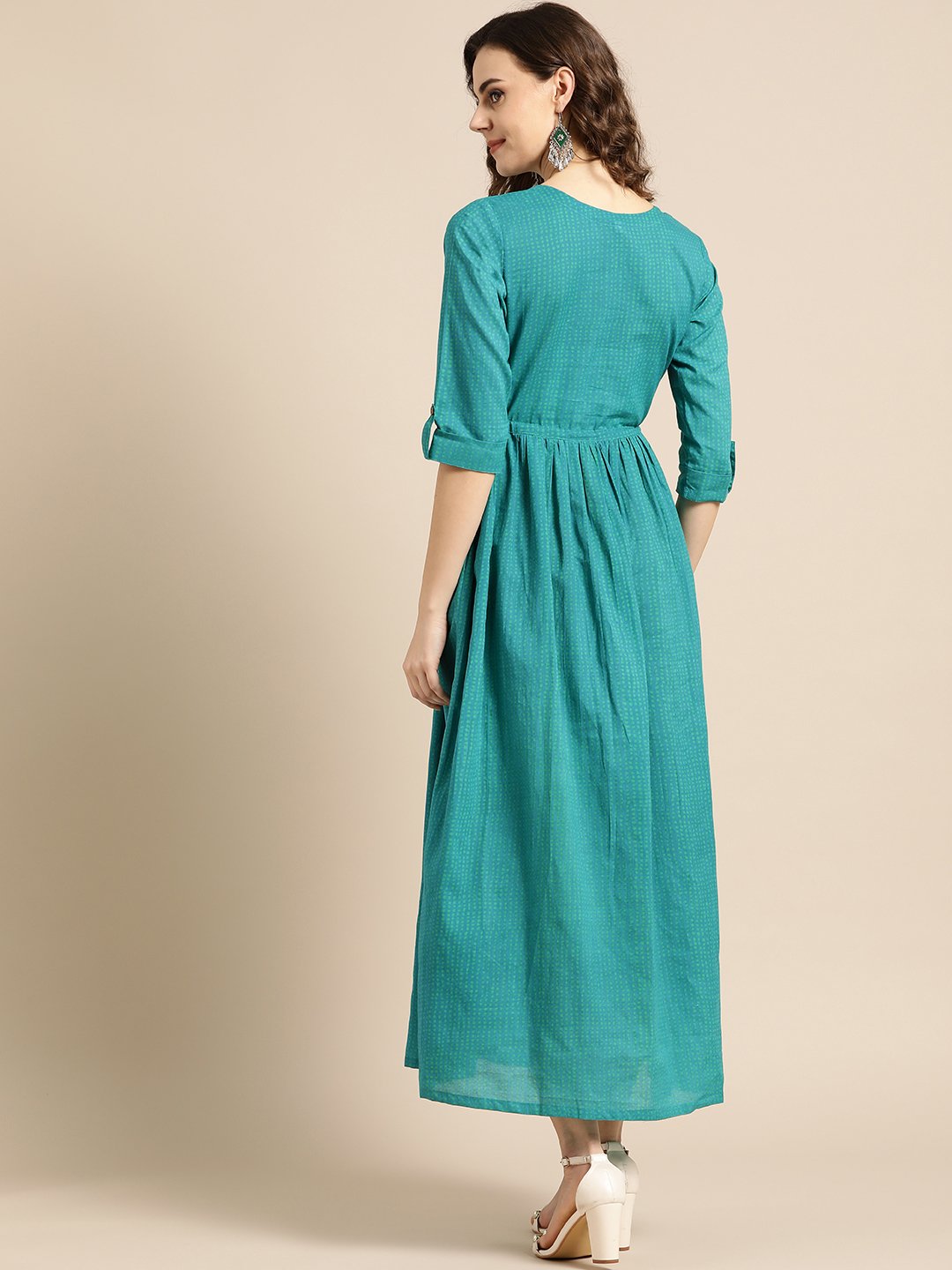 Women's Nayo Green Polka Dots Self Design Round Neck Cotton Fit And Flare Dress