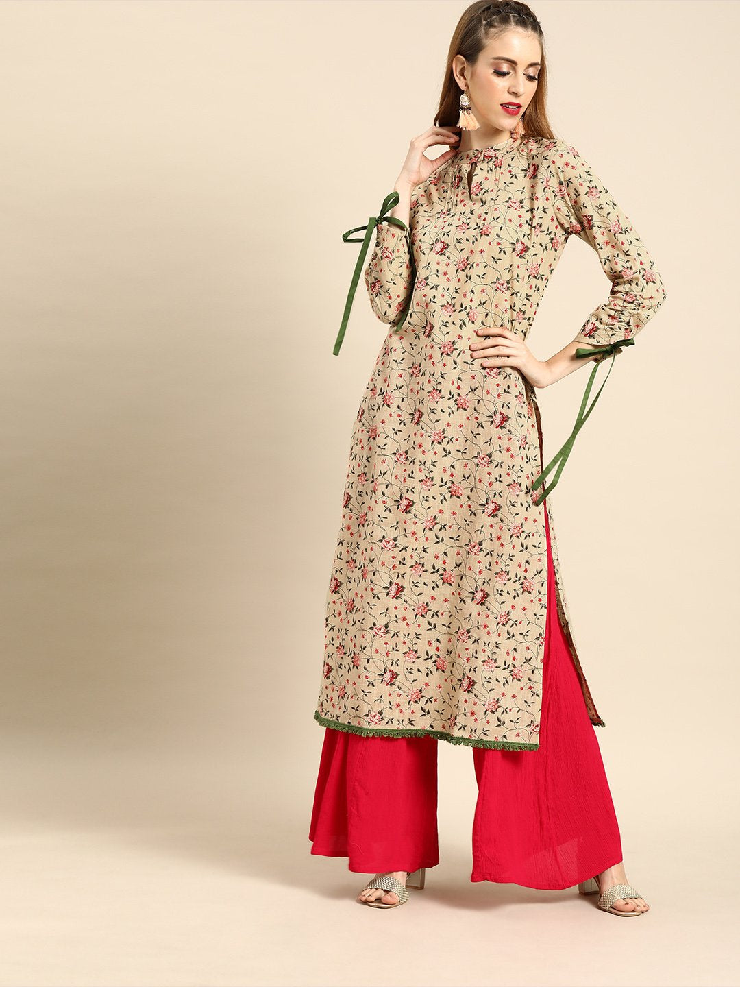 Women's Beige Calf Length Long Sleeves Straight Floral Printed Cotton Kurta