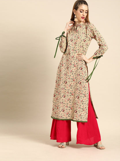 Women's Beige Calf Length Long Sleeves Straight Floral Printed Cotton Kurta