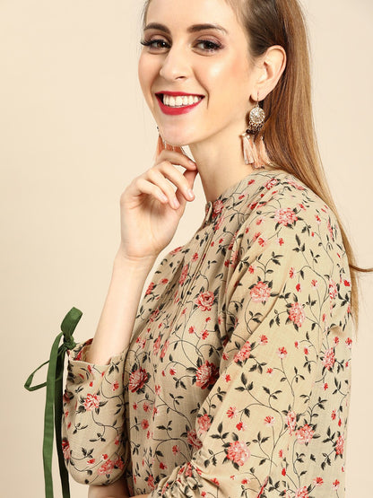 Women's Beige Calf Length Long Sleeves Straight Floral Printed Cotton Kurta