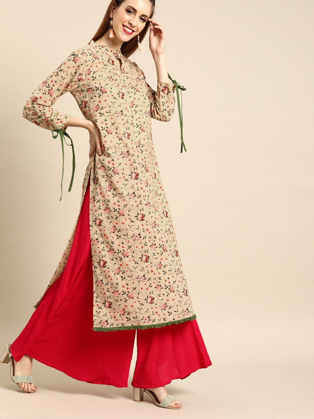 Women's Beige Calf Length Long Sleeves Straight Floral Printed Cotton Kurta