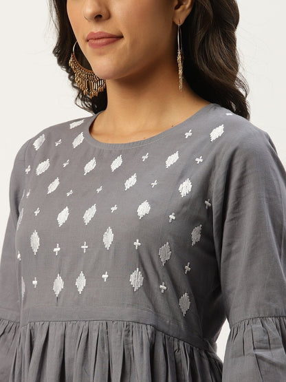 Women's Grey Solid Solid Round Neck Cotton A-Line Dress