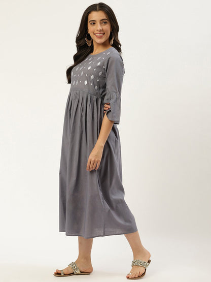 Women's Grey Solid Solid Round Neck Cotton A-Line Dress
