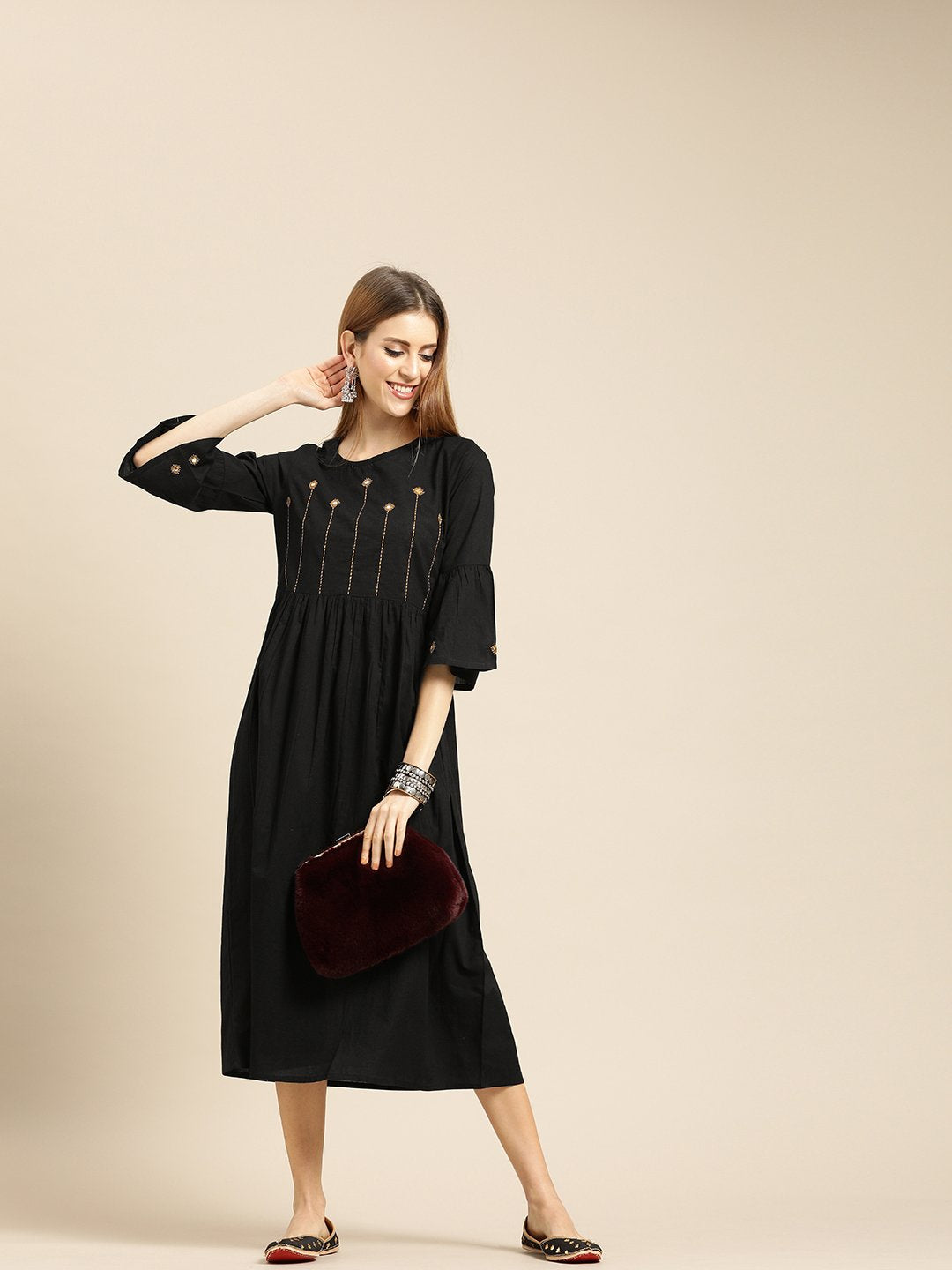 Women's Black Solid Solid Round Neck Cotton A-Line Dress