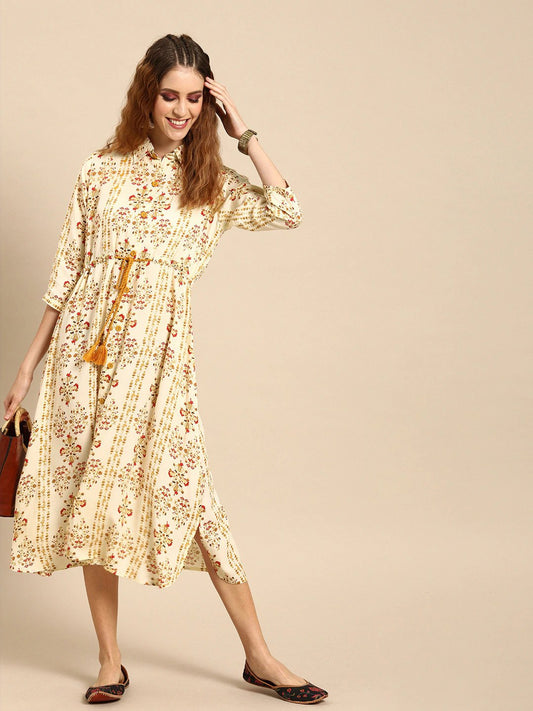Women's Nayo Cream-Coloured  Mustard Yellow Printed A-Line Dress With Gathers  Tie-Up