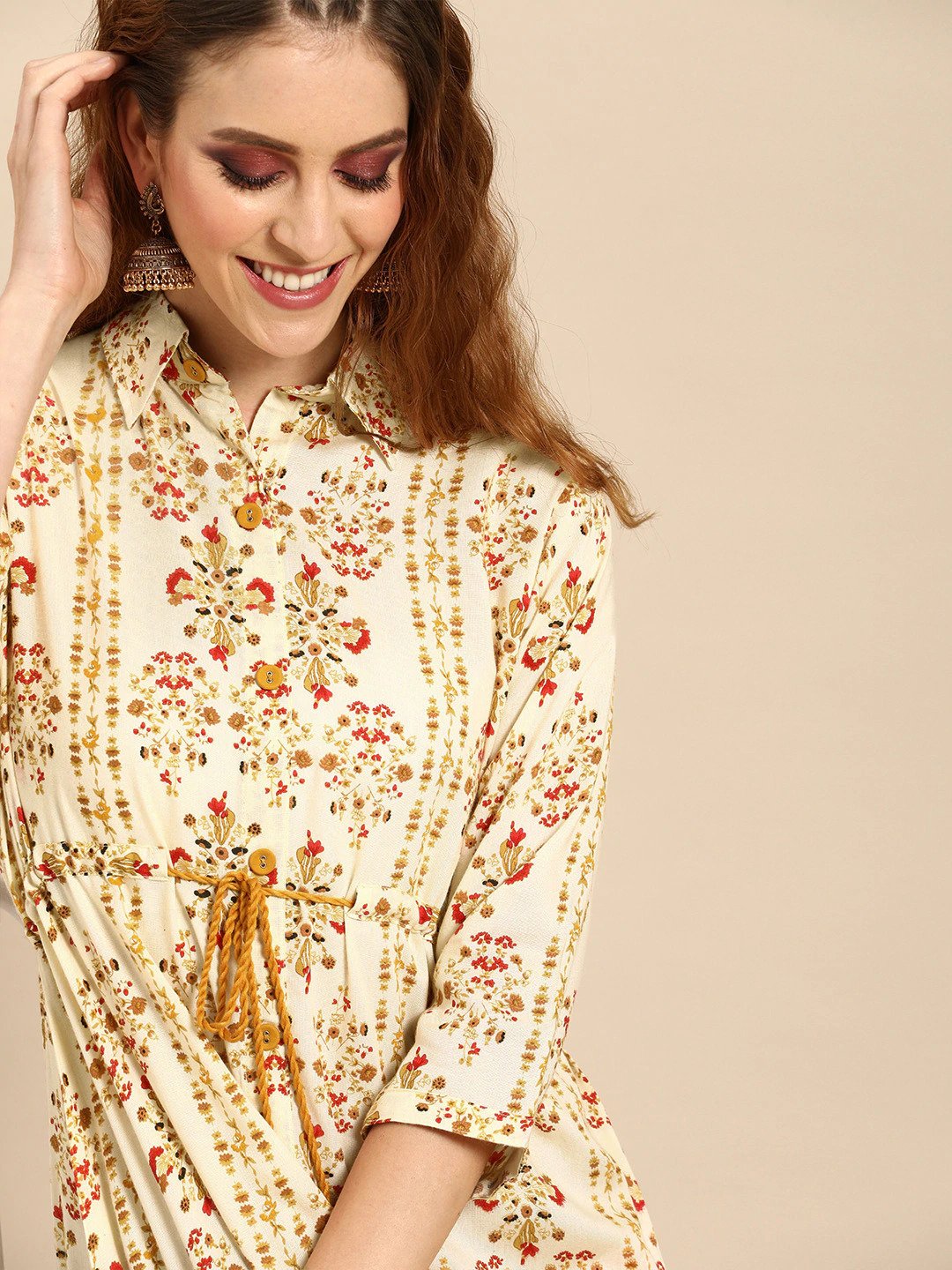 Women's Nayo Cream-Coloured  Mustard Yellow Printed A-Line Dress With Gathers  Tie-Up