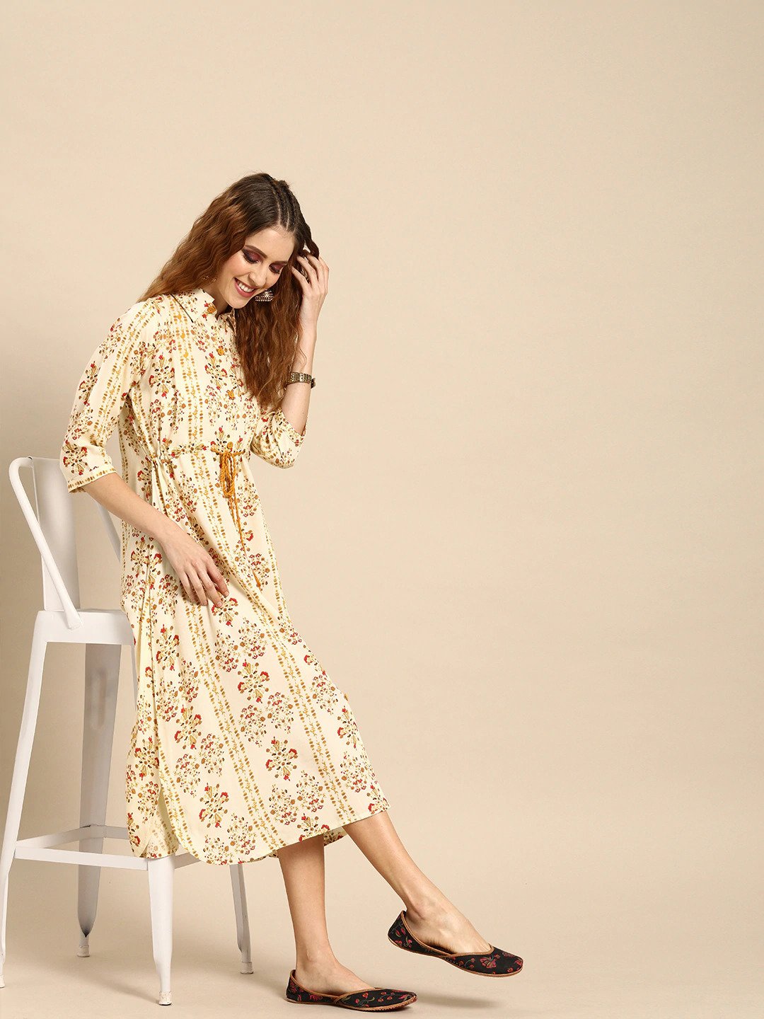 Women's Nayo Cream-Coloured  Mustard Yellow Printed A-Line Dress With Gathers  Tie-Up