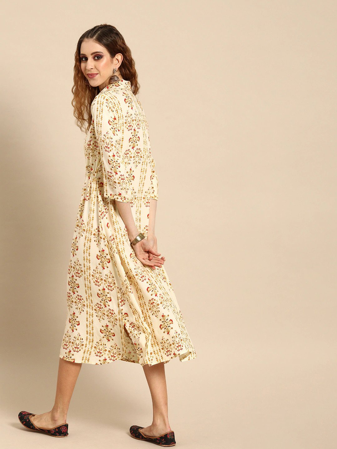 Women's Nayo Cream-Coloured  Mustard Yellow Printed A-Line Dress With Gathers  Tie-Up