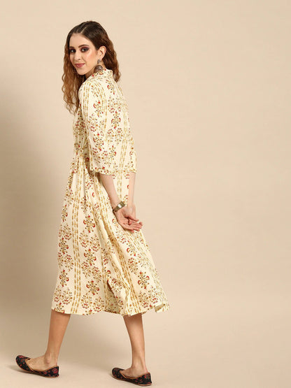 Women's Nayo Cream-Coloured  Mustard Yellow Printed A-Line Dress With Gathers  Tie-Up