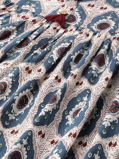 Women's White Ethnic Motifs Printed Mandarin Collar Cotton Fit and Flare Dress