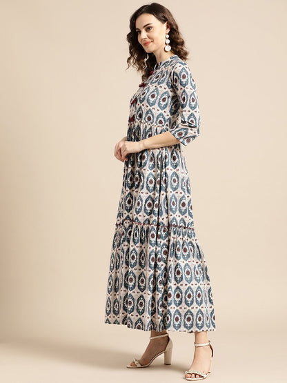 Women's White Ethnic Motifs Printed Mandarin Collar Cotton Fit and Flare Dress
