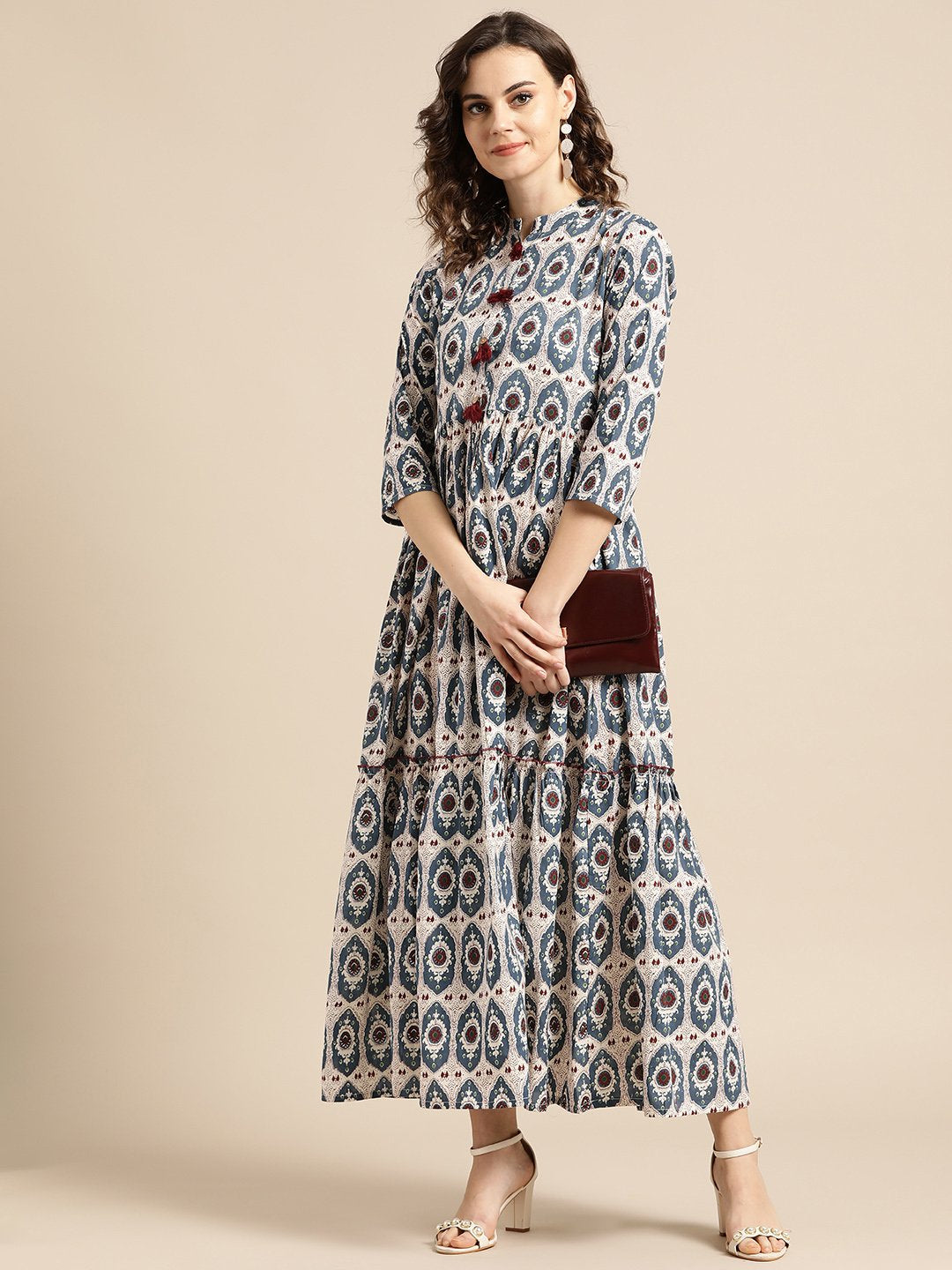 Women's White Ethnic Motifs Printed Mandarin Collar Cotton Fit and Flare Dress