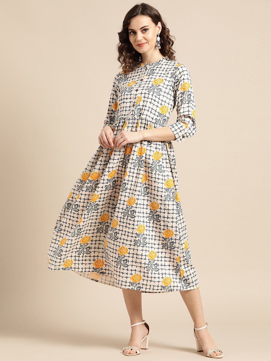 Women's Nayo Off White Floral Printed Mandarin Collar Cotton A-Line Dress