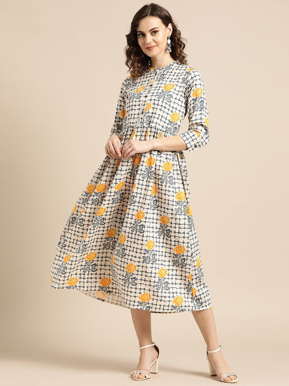Women's Nayo Off White Floral Printed Mandarin Collar Cotton A-Line Dress